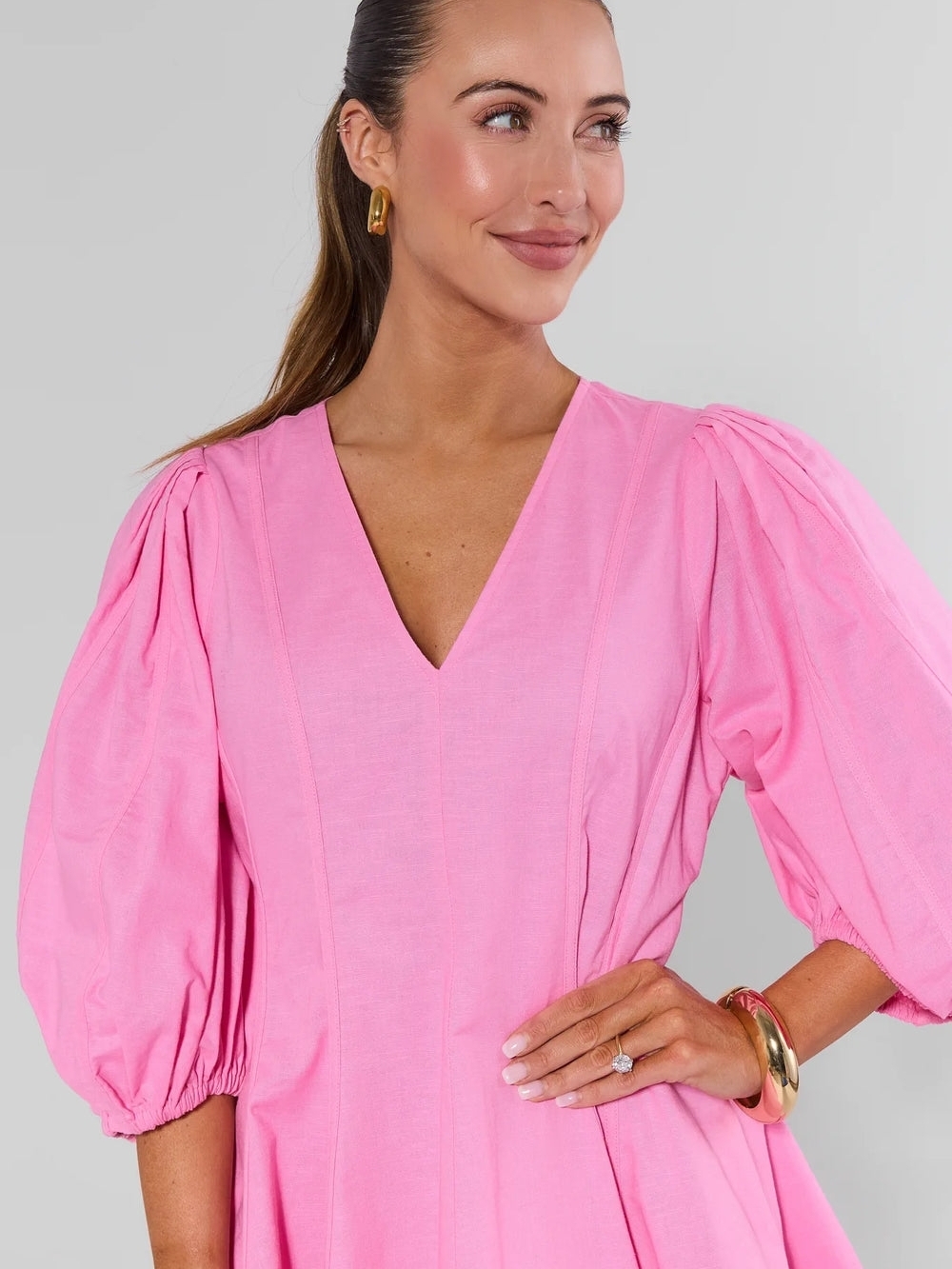 Avara Pink Channing  Puff-Sleeve V-Neck Mini Dress, Size Small NWT - Picture 2 of 12
